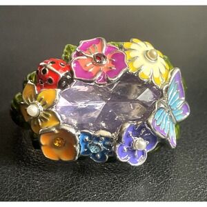 AVON Double Ring Butterfly Ladybug Flowers Garden Purple Rhinestone with Box